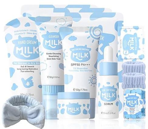 Milk Skin Care Sets & Kits, Milk Beauty Gift Sets for Women, Skin Pamper Gifts, Facial Skincare Kit for Women with Cleanser,Serum,Cream,Eye & Fack Mask, Hand Cream,Sunscreen,Hand Soap