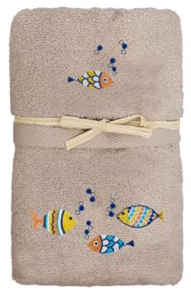 CapitanCasa Set Asciugamano E Salvietta Bagno Tinta Unita con Ricamo Pesciolini Colorati Copiola Tortora