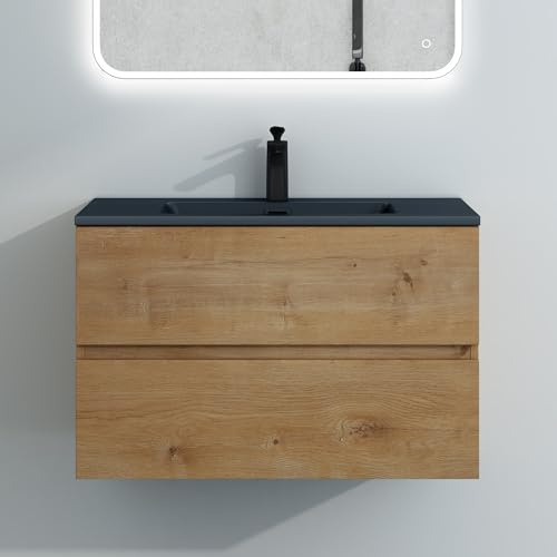 Mai & Mai Waschtisch mit Unterschrank Waschbecken Waschbeckenunterschrank | Badmöbel-Set 80x48x50cm Kerneiche, mit Waschbecken in Anthrazit, 2-Schubladen Soft-Close Aqualis