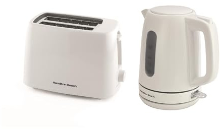 Hamilton Beach Kettle and Toaster Set, Electric Kettle, 1L, Toaster 2 Slice, Plastic, Compact, Boil Dry Protection, Fast Boil, Space Saving, 6 Browning Levels, Cancel Function, White - HB30381116WST