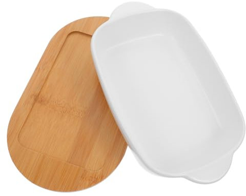 Sosoport Bandeja Horno Cerámica Rectangular Con Doble Asa y Base De Madera Apta Para Horno Microondas y Lavavajillas Plato Pequeño Para Hornear Pizzas y Gratinados