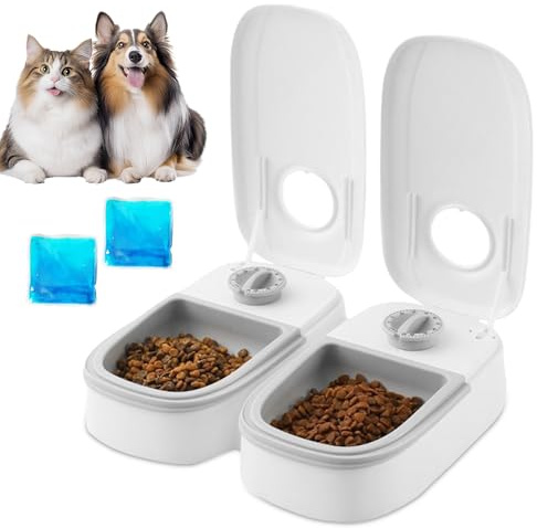 Comedero automático para 2 comidas, alimentador automático para gatos con temporizador de 48 horas, comedero automático para gatos y perros, alimentador automático para mascotas, paquete de hielo