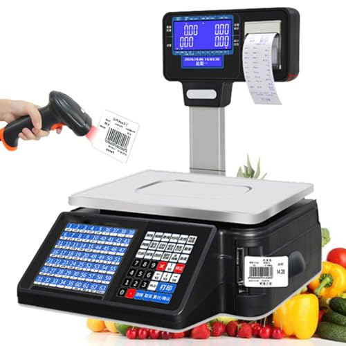 Nicvrea Digitale Preisetikettendruckwaage, Elektronische Barcodewaage, Kassenwaage mit Belegdrucker, Doppelseitiges LCD-Display, 63 Tastenkombinationen, Handelswaage für Geschäfte Machine+Scanner