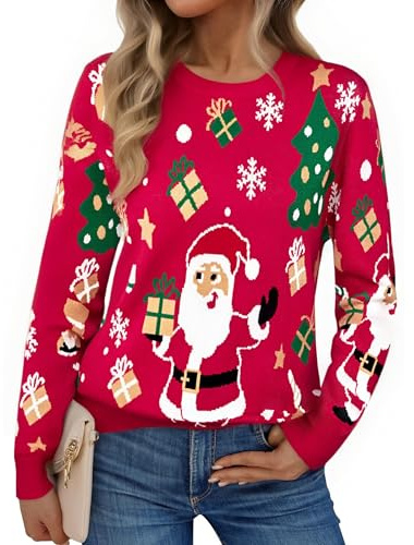 Aseniza Women's Jumpers Christmas Xmas Sweater Ugly Ladies Pullover Sweatshirts Santa Knitted Tops Funny Snowflake Reindeer A-Red M