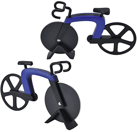 2PCS Bike Pizza Cutter, Bike Shape Pizza Slicer Stainless Steel Cutting Wheels Cool Kitchen Gadgets with Bracket for Home Kitchen (Blue)