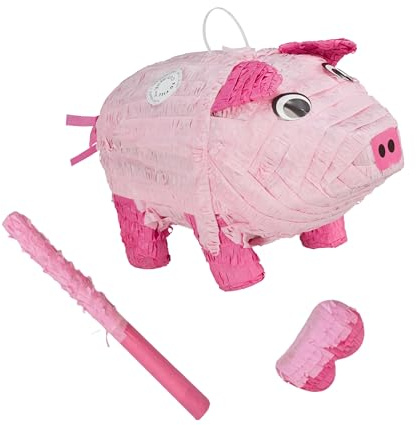 Relaxdays Pinata Schwein, mit Stab & Maske, Partypinata Kinder, Geburtstag, zum Befüllen, HxBxT: 25 x 20 x 43 cm, rosa