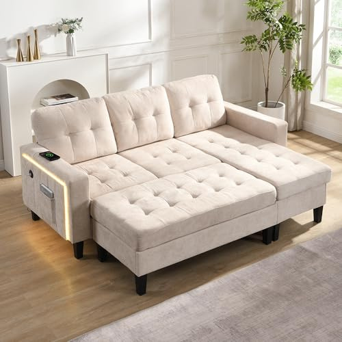 Rvjiahe Multifunktionale L-Form Wohnzimmer-Sofagruppe: Mit extra großer beweglicher Fußbank + LED-Ambiente-Beleuchtung,Dreisitzer-L-Form-Sofa + Zweisitzer-Fußbank,Modernes modulares Sofabett (Beige)