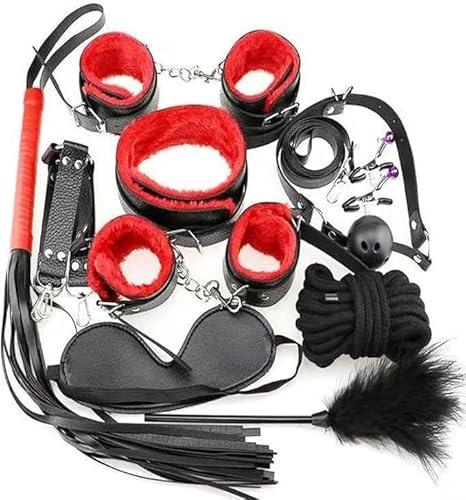10-teiliges Sex-Bondage-BDSM-Fessel-Set mit Augenbinde, Halsband, Handschellen, Fußfesseln, Peitsche, Knebel, Augenbinden, Nippelklemmen und Seilen – Erotikspiele und Vorspiel-Sexspielzeug für Paare