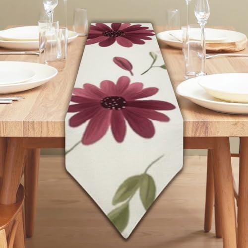 Burgundy Pale Pink Flowers Green Leaves Christmas Plaid Table Runner Table Turner for Dining Runner Fall Camino De Mesa Holiday Mantel Decorations for Home Kitchen Dining Holiday Decor 13 × 90 inch