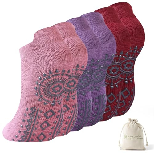 BONANGEL Halkfria strumpor för kvinnor Pilates Grip bomullsstrumpor för yoga, fitness, balett, fitness, gymnastik, sport 3 par, Flerfärgad, 36-40 EU
