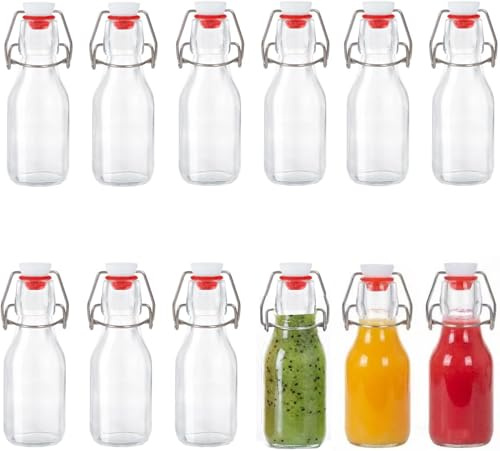 UQMIQURA 12 botellas de cristal con cierre de clip, botellas de cristal de 100 ml con cierre de clip, botellas pequeñas para rellenar, botella de planchado para rellenar, botella de zumo para aceite