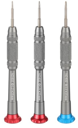 sourcing map Lot de 3 tournevis cruciformes de précision 1,2/1,5/2 mm en acier S2 magnétique avec poignée en aluminium pour lunettes, montre, ordinateur portable, argent (bleu) / argent (rouge)