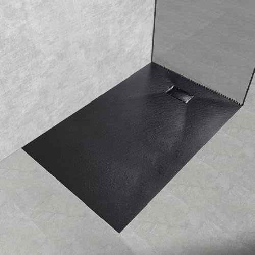 EMKE Duschwanne 140x90 cm SMC Duschtasse Flach Rutschfest, Rechteckige Brausewanne Zuschneidbar, Schwarz Duschwannen mit 90 mm Ablaufloch (Ohne Siphon)