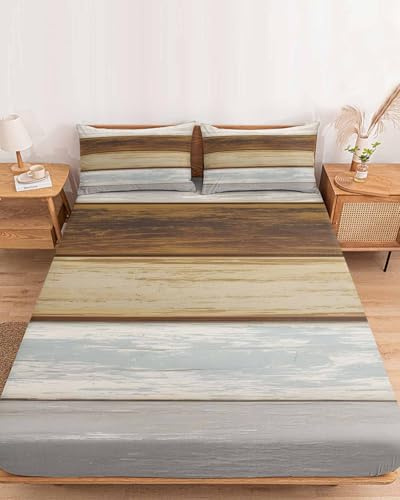 King Fitted Bed Sheets Vintage Farmhouse Plank Seamless Brushed Fitted Sheet with Deep Pocket, Soft Microfiber Breathable Bottom Sheet with Pillowcases, Country Wood Grain Bedding Sheets