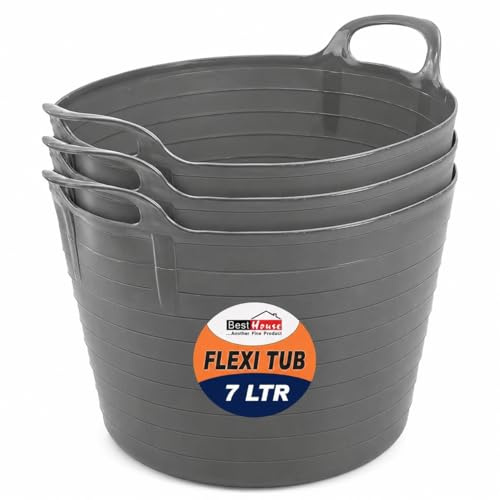 BH | 3 Pcs of Flexi Tub with Handles | Small Size | Mini | 7 Litres | Grey | Garden Tubs | Plastic Storage Container for Home, Washing, Garden Waste and DIY Projects - By BEST HOUSE