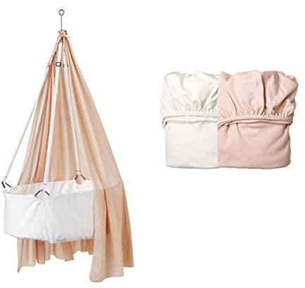 Leander Wiege weiß mit Träumeland Matratze, Deckenhaken, Himmel (Schleier) soft pink, 2 Stück Original-Spannbetttücher soft pink/weiß