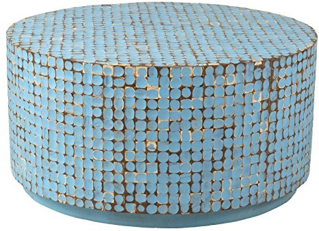 East at Main Jordan Round Handmade Real Coconut Shell Mosaic Coffee Table, Blue 31 Diameter x 16 H, Living Room Furniture, Bohemian and Coastal Decor