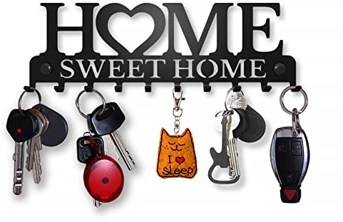 SirHoldeer Schlüsselbrett Modern, Schlüsselhalter Wand, Schlüsselhaken Home Sweet Home, Schlüsselboard Schwarz mit 10 Haken, Schlüsselaufbewahrung, Key Holder Wall, Schlüsselleiste, Wanddeko Metall