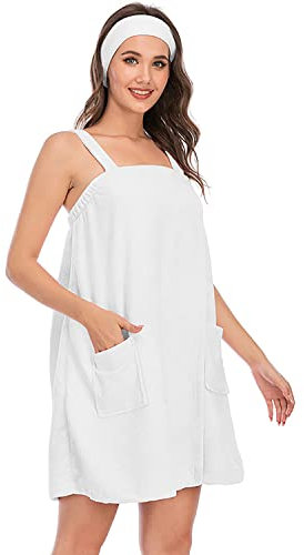 Verve Jelly Women's Spa Shower Towel with Straps - Adjustable Bath Towel Wrap - Ladies Bathrobe - White Medium