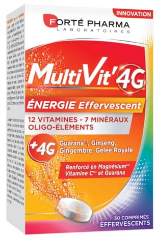Forté Pharma - Multivit' 4G Energie Effervescent - Complément Alimentaire Forme, Tonus, Fatigue - Vitamine C, Vitamine D, Ginseng, Gelée Royale, Magnésium, Zinc, Minéraux - 30 Comprimés, 1/jour