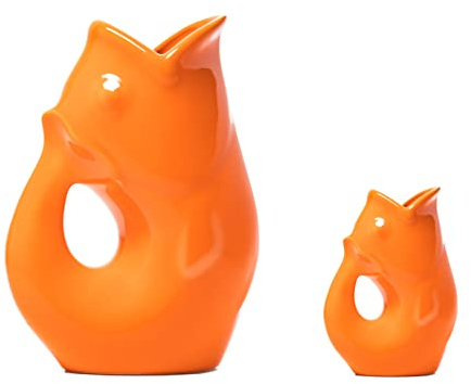 Gurgle Pot Fischkännchen, französisches inspiriertes Design, großer Krug mit passendem Sahnekännchen, lebendiges Orange, das perfekte Geschirr für drinnen und draußen, 2 Stück.