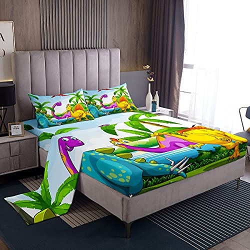 Juego de sábanas de dinosaurio, juego de sábanas de animales de la selva para niños y niñas, juego de ropa de cama de dinosaurio para niños, tamaño doble con 2 fundas de almohada