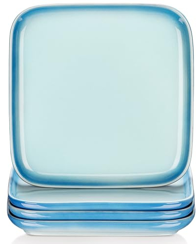 LOVECASA Stoneware Dessert Salad Plates Set of 4, 7.4 Inch Dinner Appetizer Plates, Flat Dishes Dishwasher & Microwave Safe, 200 ML / 7 OZ, Sky Blue