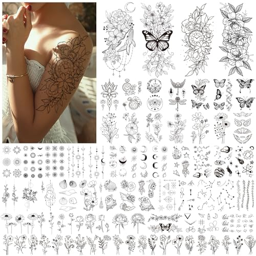 Acevegue 61 Blätter Temporäre Tattoos, Mitgebsel für Frauen Mädchen - Schwarz Wild Blumen Schmetterling Fake Tattoos zum Aufkleben, 3D Wasserdicht Temporary Sticker Erwachsene für Make Up Deko
