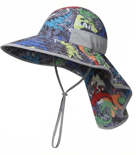 icolor Kids Sun Hat UPF50+ Sun Protection Bucket Hat Toddler Summer Travel Beach Play Hats with Neck Flap for Girl Boy Ages 3~10 (Cutedinosaur)