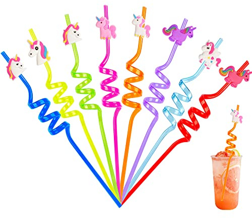Wiederverwendbare Plastikstrohhalme mit Dino, Meerjungfrau& Einhornmotiv | Set mit 12 Strohhalmen, 4 temporären Tätowierungen & 1 Reinigungsbürste, Party-Zubehör für Geburtstagspartys