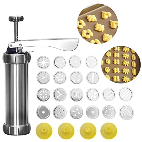 Kisbeibi 25pcs Press Set With 20 Cookie Discs and 4 Nozzles, Aluminum Alloy Biscuit Maker Tool for Home DIY and Decoration (Silver/Yellow)