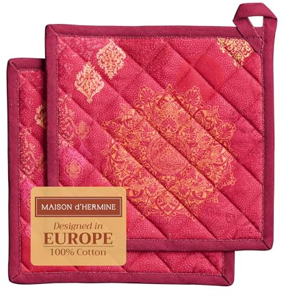 Maison d' Hermine Topflappen 100% Baumwolle hitzebeständig Set mit 2 Topflappen (20cm x 20cm) Hot Pads mit Schleife zum Grillen, Kochen, Grillen, Mikrowelle, Versailles – Erntedankfest/Weihnachten