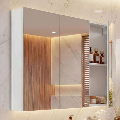 Mendler Spiegelschrank HWC-B19b 70x80x16cm - weiß | Badschrank, Hängeschrank, 6 Regalböden, Hochglanz, FSC®-Zertifiziert