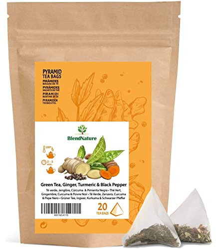 Te verde con Jengibre + Cúrcuma y pimienta para infusiónes + DETOX Depurativo Diurético y Antioxidante- en 20 bolsas Piramides - 100% Natural