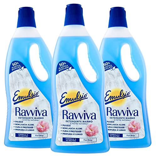 Emulsio Ravviva Marmo Detergente Pavimenti per Ceramica Granito Ardesia Resina Gres Pietre Naturali Formula a pH Neutro ad Azione Protettiva Profumo di Fiori Rosa a Lunga Durata - 3 Flaconi da 750ml