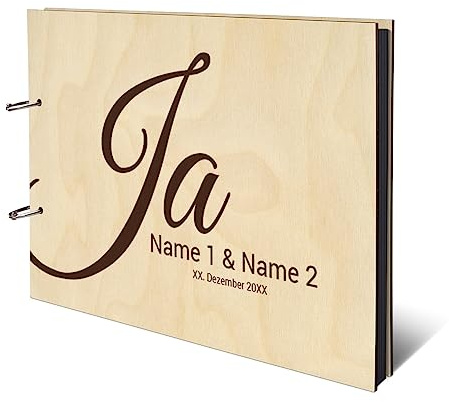 Personalisiertes Hochzeit Fotoalbum echtes Holz DIN A4 Hochzeitsbuch mit Lasergravur - Ja - mit 25 Blatt / 50 Seiten Fotokarton Schwarz