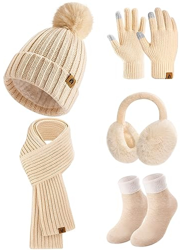 Niwicee Knitted Hat and Scarf Set 5 PCS Ski Outing Set Winter Plush Ear warmers Warm Long Scarf Beanie Hat and Touch Screen Gloves Set Women Thermal Socks for Skiing Outdoor Sports(Apricot，Onesize)