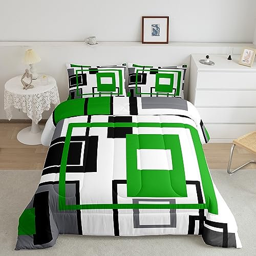 Erosebridal Geometrisches quadratisches Bettwäsche-Set in Schwarz / Weiß / Limettengrün / Grau, Steppdecke mit abstrakten geometrischen Streifen, Daunendecke für Kinder, Jungen, Teenager, weich,