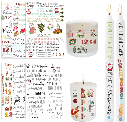 ZZRSYJ 6 Stück Kerzentattoos Weihnachten Wasserschiebefolie mit Kerzen Sticker für Stabkerzen und Tasse DIY Geschenk