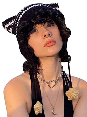 Edhomenn Frauen Katze Beanies Grunge Goth Beanies Katze Ohr Hut Y2k Crochet Beanie für Mädchen Streetwear, 01 Schwarz Weiß, Einheitsgröße