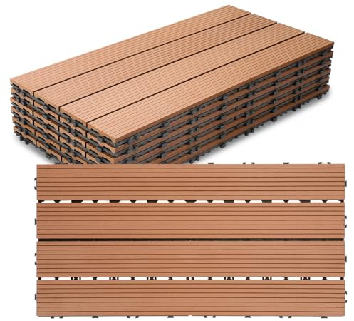 Jiubiaz WPC Terrassenfliesen Holzoptik 30x60 cm, 10m² = 60 Fliesen Klickfliesen, Balkonfliesen Bodenbelag für Balkon & Terrasse - wetterfest mit Drainagefunktion | Hellbraun