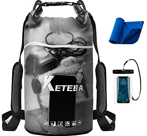 Ruayia Dry Bag - 2L, 5L, 10L, 20L wasserdichte Tasche mit Schultergurt und wasserfester Handyhülle, IPX8 Wasserdichter Packsack für Boot, Kajak, Angeln, Rafting, Schwimmen und Strand - Schwarz(20L)