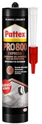 Pattex PRO800 Adhesivo de montaje para interiores y exteriores, pegamento extrafuerte multimaterial, pegamento fuerte de secado ultrarrápido, 1 cartucho x 390 g