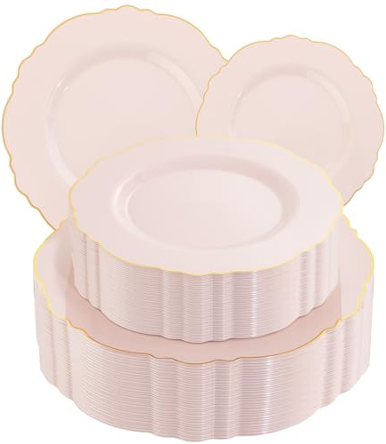 WDF 100pcs Pink Plastic Plates - High-end Baroque Design - Pink and Gold Plates - Including 50 Disposable Plate 10.25inch, 50Salad Plate 7.5inch for Wedding Baby Shower Spring Birthday
