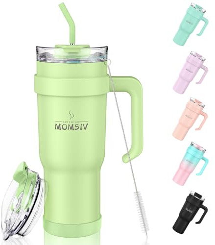 MOMSIV 40oz Thermobecher mit Stroh und Griff, 1100ml Spülmaschinenfest Kaffeebecher, Doppelwandiger Edelstahl Vakuum Auslaufsicher Isolierbecher Autobecher für Kalte Heiße Getränke, Gelb-Grün