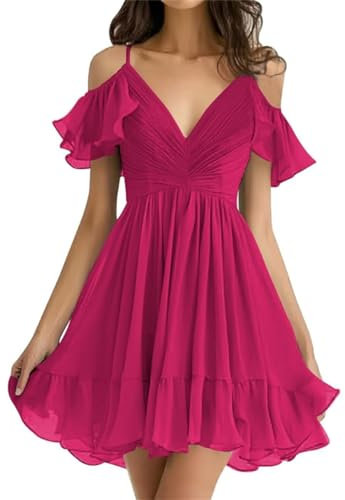 WSEYU Vestido de gasa para dama de honor, corto, con hombros descubiertos, acampanado, plisado, vestido de fiesta de noche, fucsia, 54 Más