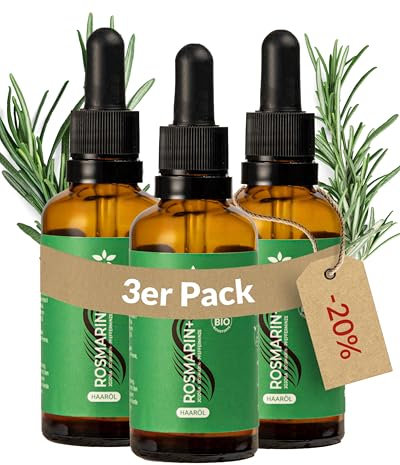 Heldengrün® BIO Rosmarin+ Haaröl [HOCHDOSIERT] Dermatologisch getestet - Natürlicher Haar-Booster mit Jojoba & Rosmarin - Rosmarinöl Haare - Ätherische Ölmischung - 3 x 50 ml