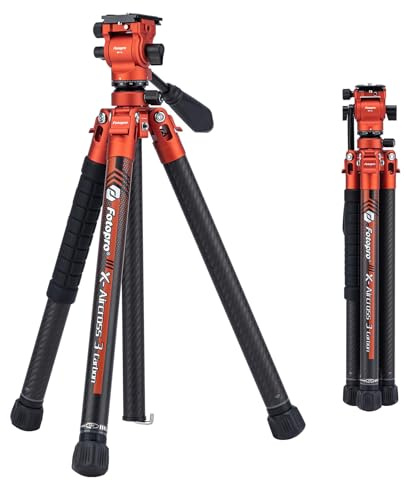 Fotopro X-Aircross 3 Lite Video-Stativ mit Flüssigkeitskopf, 1,0 kg, tragbar, professionelles Video-Reise-Karbonfaser-Stativ für Kamera, DSLR, Belastung bis zu 10 kg, Orange
