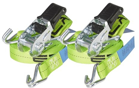 2er-Set ERGOLASH Spanngurte, 4 Meter (4m lang), 25mm breit, Zugkraft LC 400 daN, STF 100 daN, Zweiteilige Zurrgurte, Ratschenspanngurte mit Haken in Neon-Grün, gefertigt nach DIN EN 12195-2