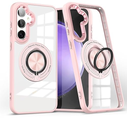 Kainevy for Samsung S24 FE Case Clear Compatible with MagSafe with Stand Ring Holder Cute Phone Cover Samsung Galaxy S24 FE Case Slim Magnetic Hard Military Grade Shockproof Protective (Pink)